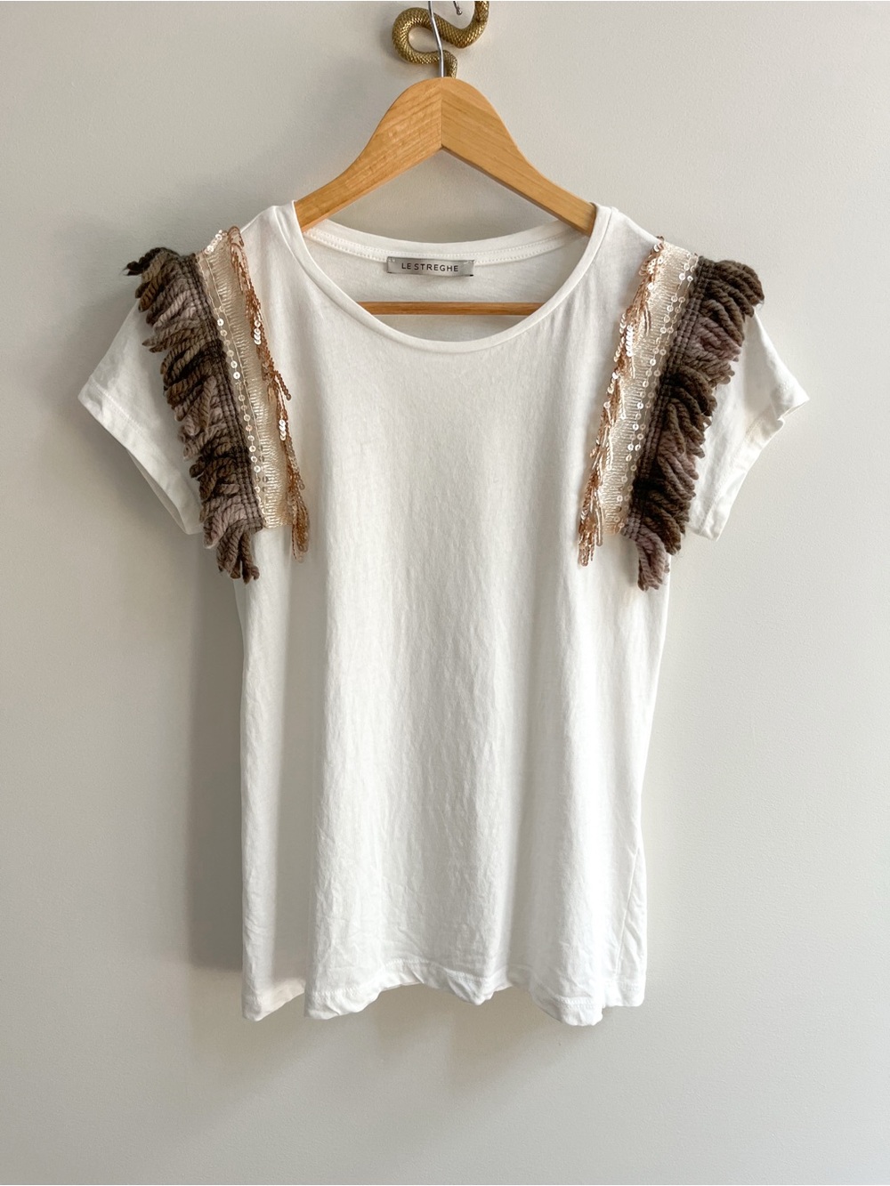 Le Streghe Made in Italy 100% Cotton Sequin Fringe Trim Crewneck Tee White S